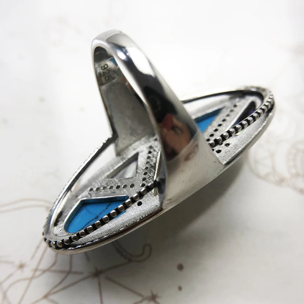 Powerful Lucky Meaningful Statement Ring,Europe Fine Jewerly For Women Autumn Mystical Turquoise Gift In 925 Sterling Silver
