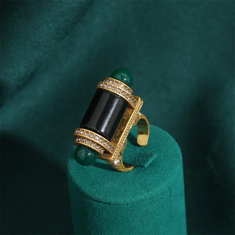 18K Gold-Plated Symmetrical Design Decorative Ring for Women - Black Onyx Emerald Rhinestone Banquet Evening Formal Jewelry
