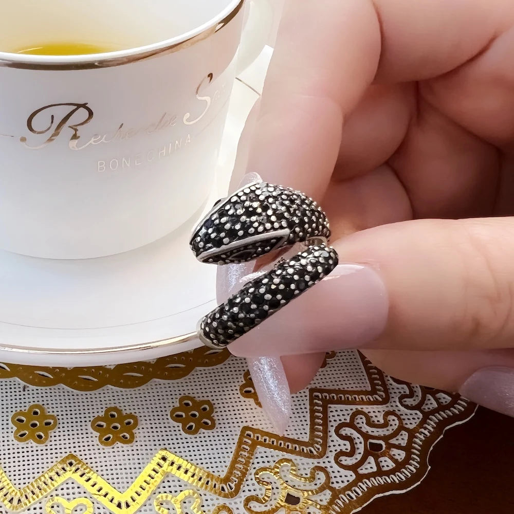 Open-end Black Snake Ring,Europe Style Glam Fine Jewerly In 925 Sterling Silver