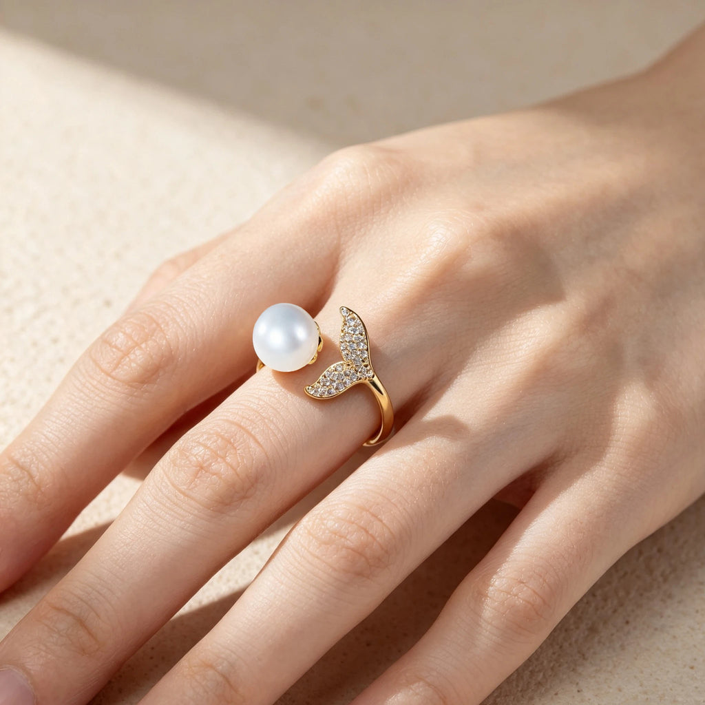 Water Pearl 925 Sterling Silver Open Ajustable Ring Fish Tail 18K Yellow Gold Plated Trendy Gemstone Jewelry