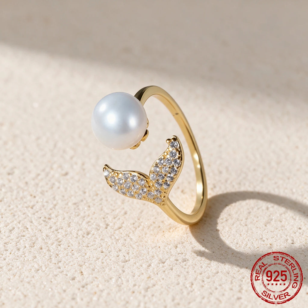 Water Pearl 925 Sterling Silver Open Ajustable Ring Fish Tail 18K Yellow Gold Plated Trendy Gemstone Jewelry
