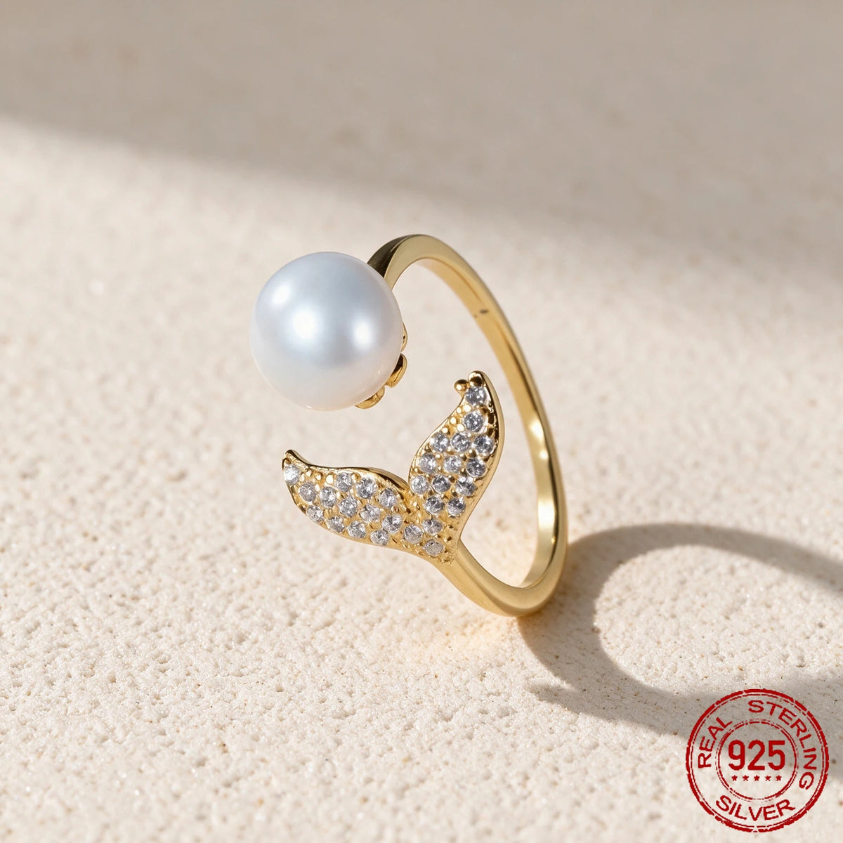 Water Pearl 925 Sterling Silver Open Ajustable Ring Fish Tail 18K Yellow Gold Plated Trendy Gemstone Jewelry