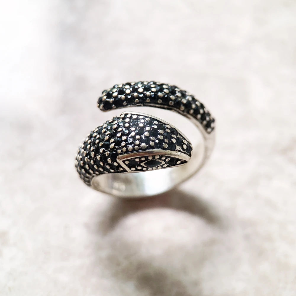 Open-end Black Snake Ring,Europe Style Glam Fine Jewerly In 925 Sterling Silver