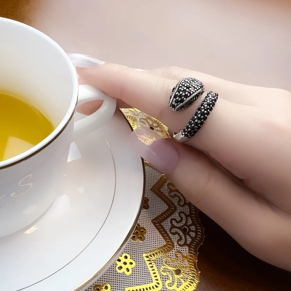 Open-end Black Snake Ring,Europe Style Glam Fine Jewerly In 925 Sterling Silver