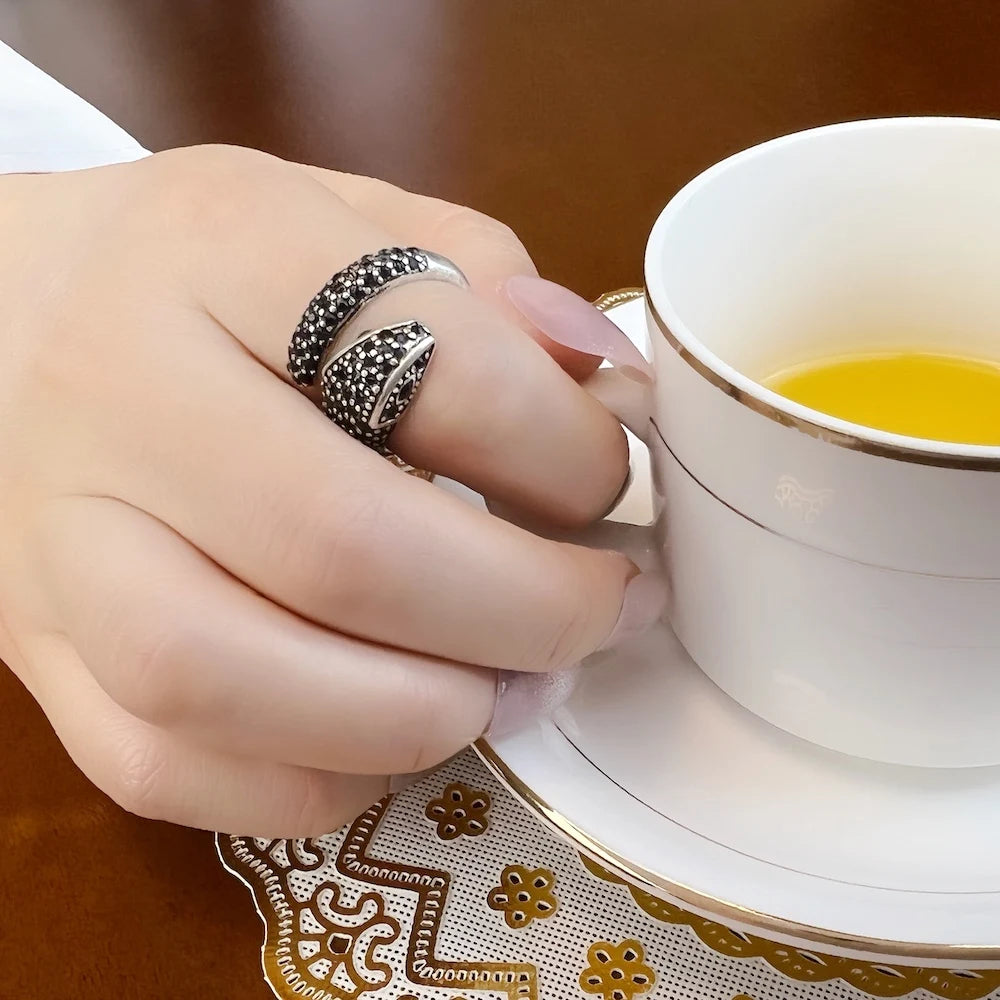 Open-end Black Snake Ring,Europe Style Glam Fine Jewerly In 925 Sterling Silver