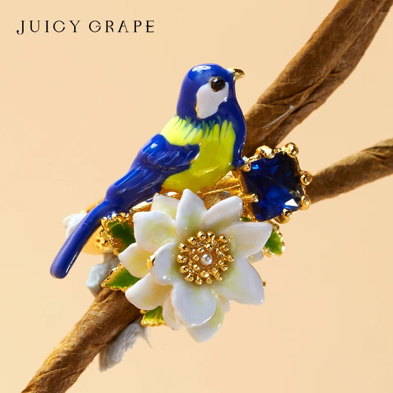 Juicy Grape Enamel Flower and Blue Bird Ring Opening Adjustable Ring Handmade Enamel Ring 3D Design 2024 New Fashion Ring