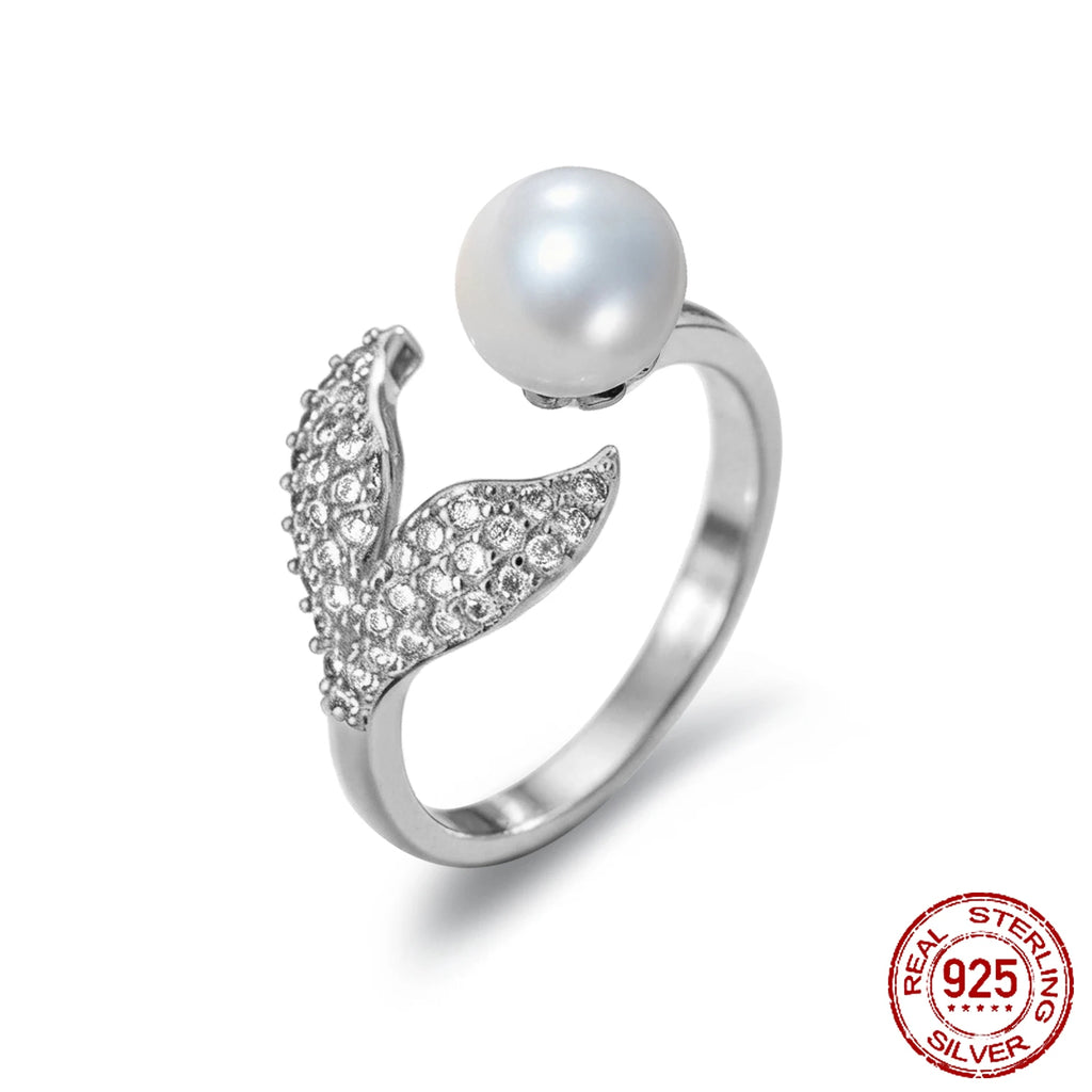 Water Pearl 925 Sterling Silver Open Ajustable Ring Fish Tail 18K Yellow Gold Plated Trendy Gemstone Jewelry