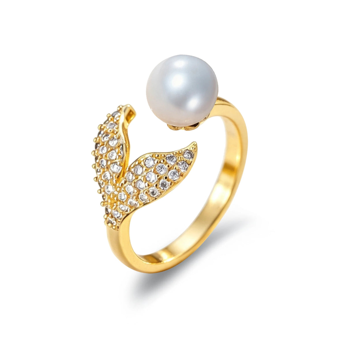 Water Pearl 925 Sterling Silver Open Ajustable Ring Fish Tail 18K Yellow Gold Plated Trendy Gemstone Jewelry