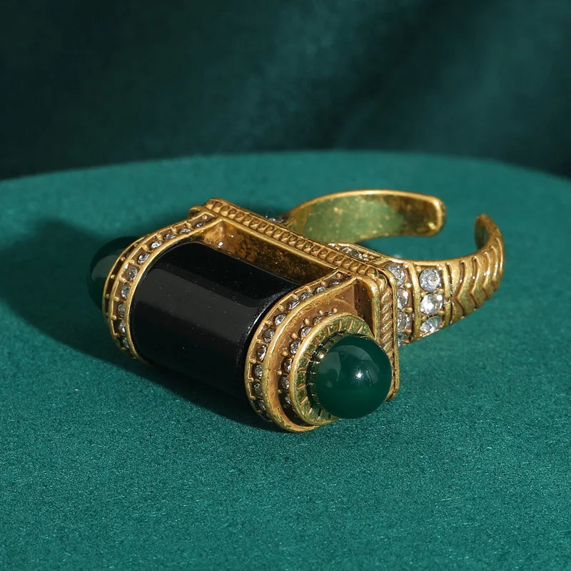 18K Gold-Plated Symmetrical Design Decorative Ring for Women - Black Onyx Emerald Rhinestone Banquet Evening Formal Jewelry