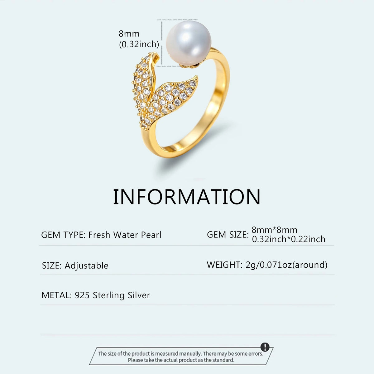 Water Pearl 925 Sterling Silver Open Ajustable Ring Fish Tail 18K Yellow Gold Plated Trendy Gemstone Jewelry