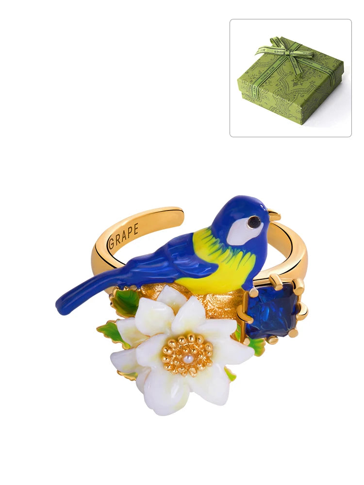 Juicy Grape Enamel Flower and Blue Bird Ring Opening Adjustable Ring Handmade Enamel Ring 3D Design 2024 New Fashion Ring