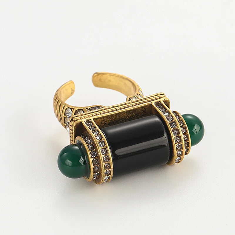 18K Gold-Plated Symmetrical Design Decorative Ring for Women - Black Onyx Emerald Rhinestone Banquet Evening Formal Jewelry