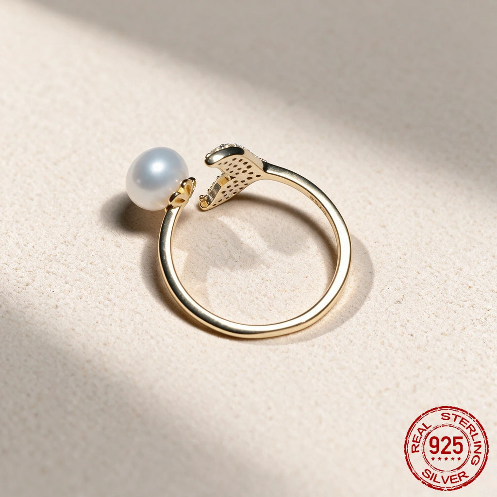 Water Pearl 925 Sterling Silver Open Ajustable Ring Fish Tail 18K Yellow Gold Plated Trendy Gemstone Jewelry
